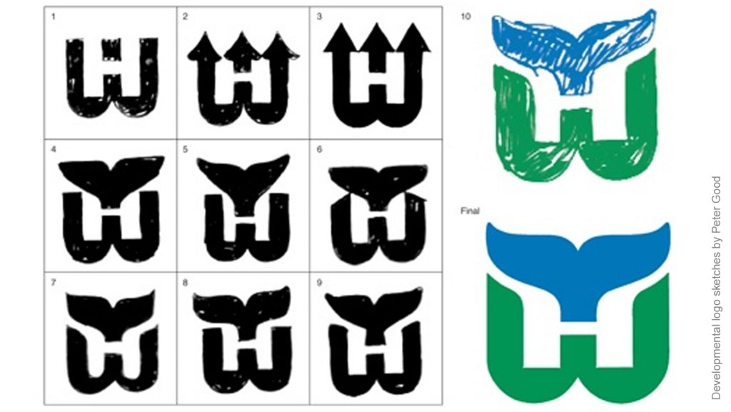 Logo concept sketches for the Hartford Whalers by Peter Good